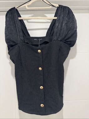 Zara Black Puff-Sleeve Button-Front Tank Top